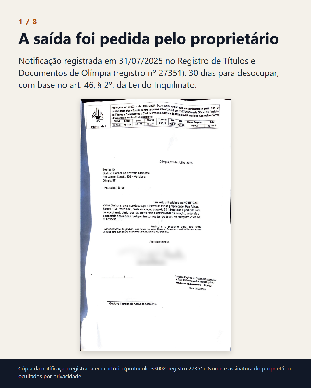 Notificação de Desocupação registrada em Cartório