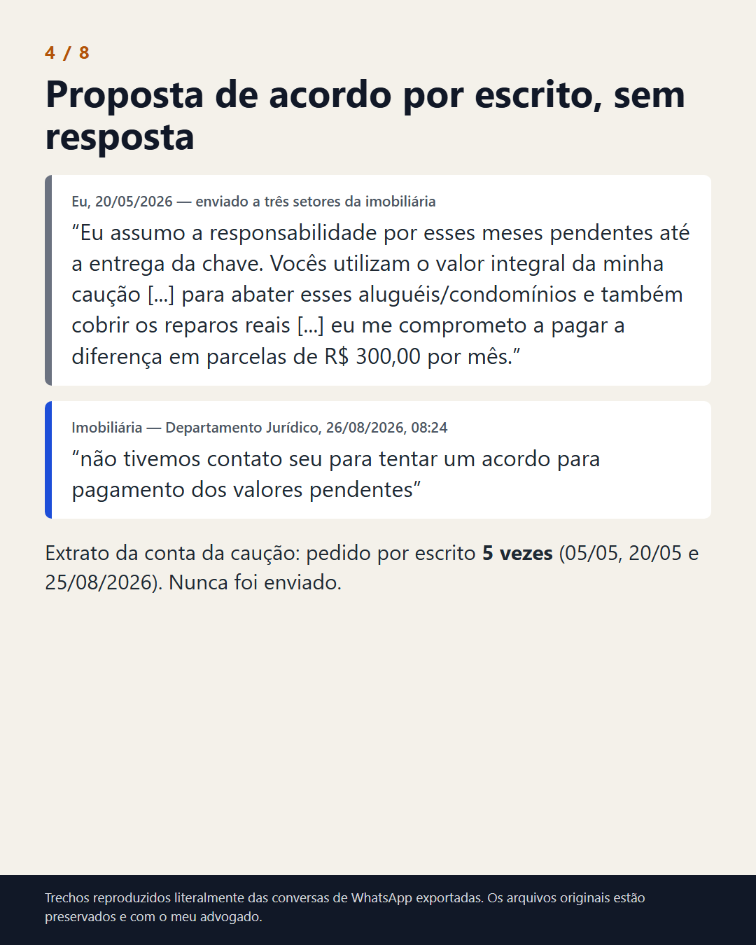 Proposta formal de acordo e mensagem do Jurídico da administradora