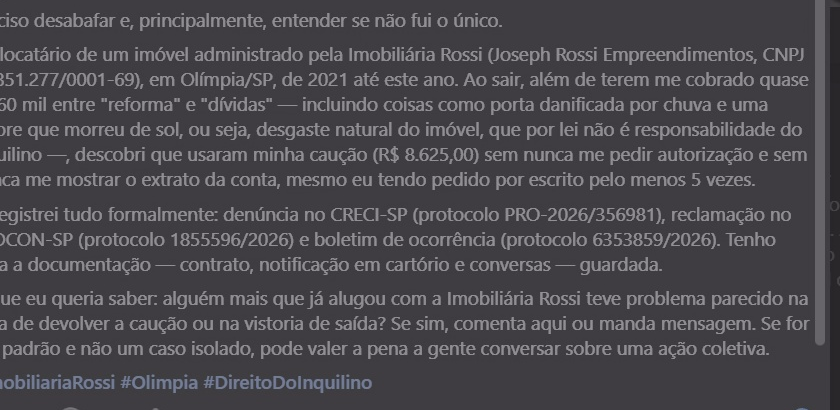 Desabafo público e relatos de inquilinos de Olímpia